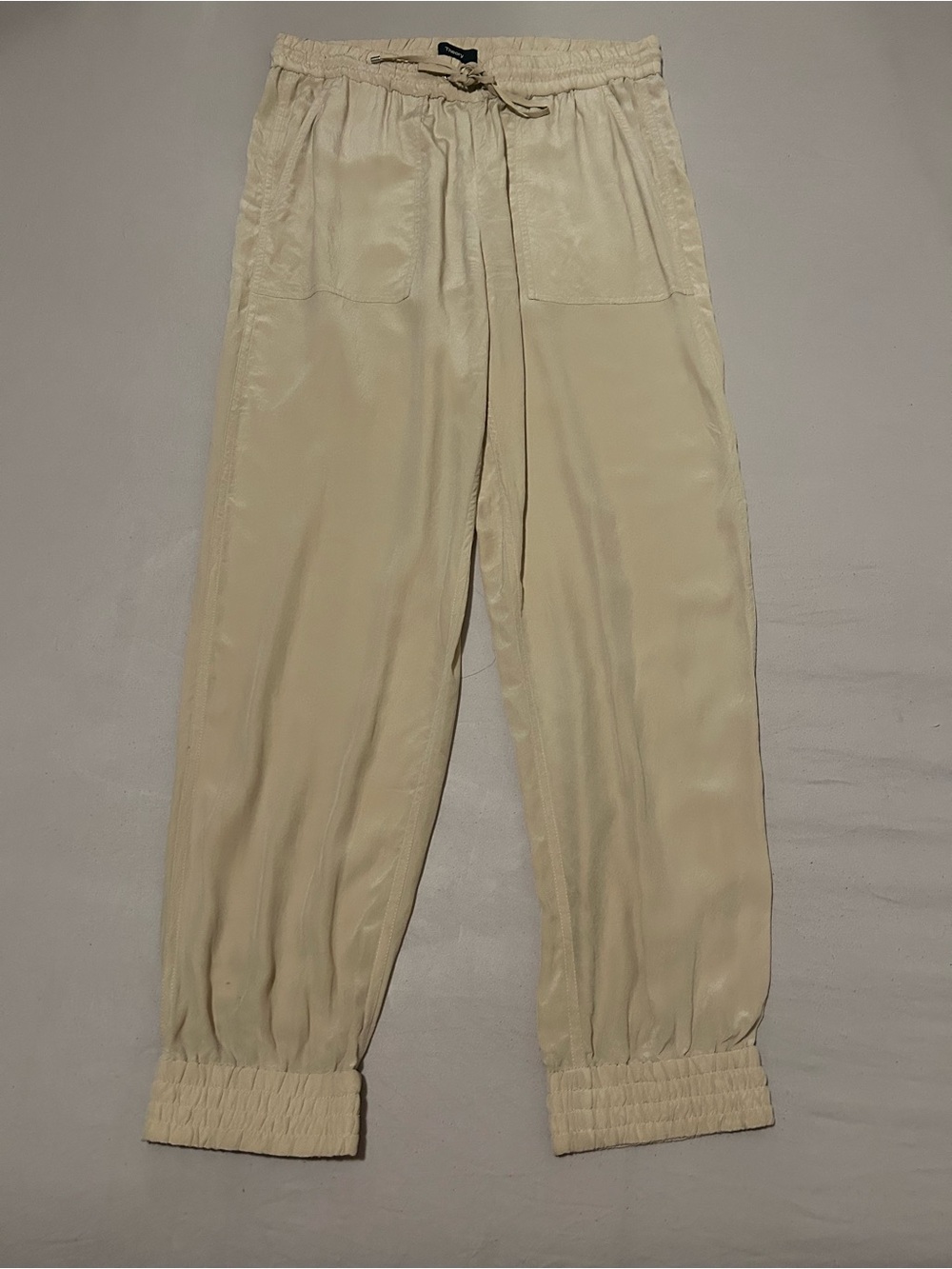 Theory Cream Drawstring Straight-Leg Pants 100% silk
